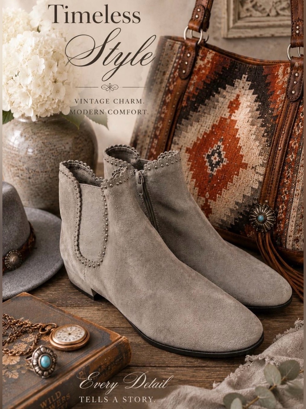 New VanEli Aksa Chelsea Boot 8.5 Suede Gunmetal Grey Scallop Studded Low Booties